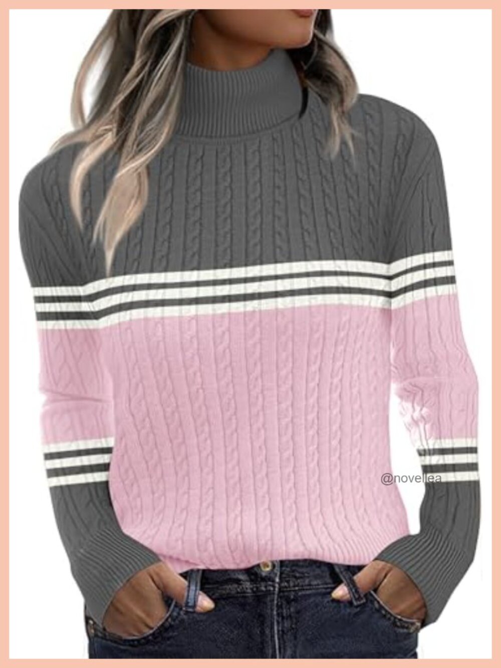 Womens Turtleneck Cable Knit Long Sleeve Pullover Sweater